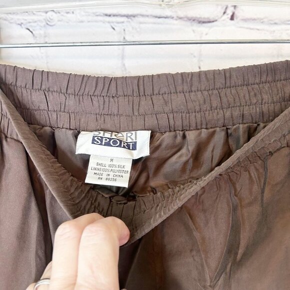 VINTAGE SHERI SPORT BROWN SILK GOLD BEAD DRAWSTRING WAIST TRACK SUIT - M - Picture 5 of 5